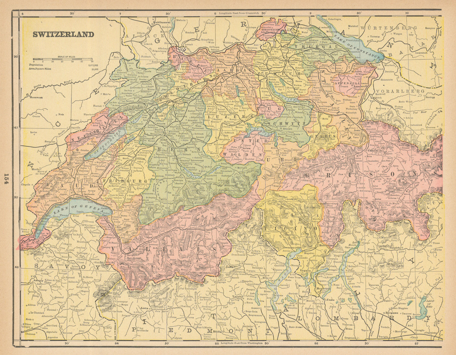 Switzerland in Cantons. CRAM 1894 old antique vintage map plan chart